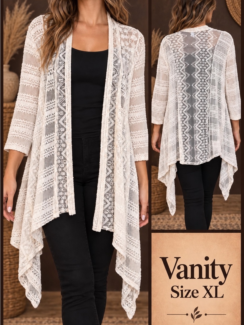 Vanity Cream Lace Open-Front Draped Cardigan